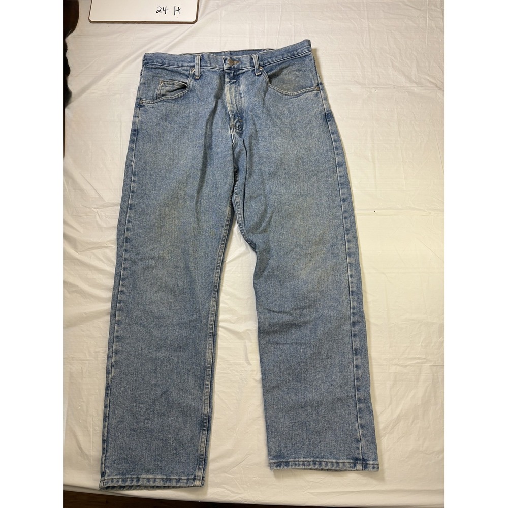 Mens Wrangler light blue denim jeans, bootcut, size 34 x 29